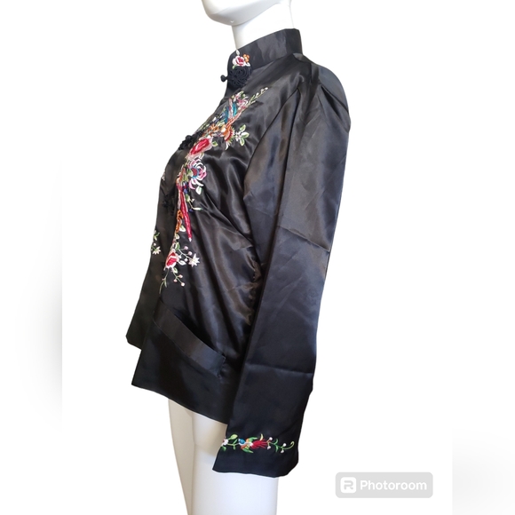 Vintage Embroidered Black Silk Satin Floral Birds Cocktail Jacket Women's Sz M - Picture 6 of 17